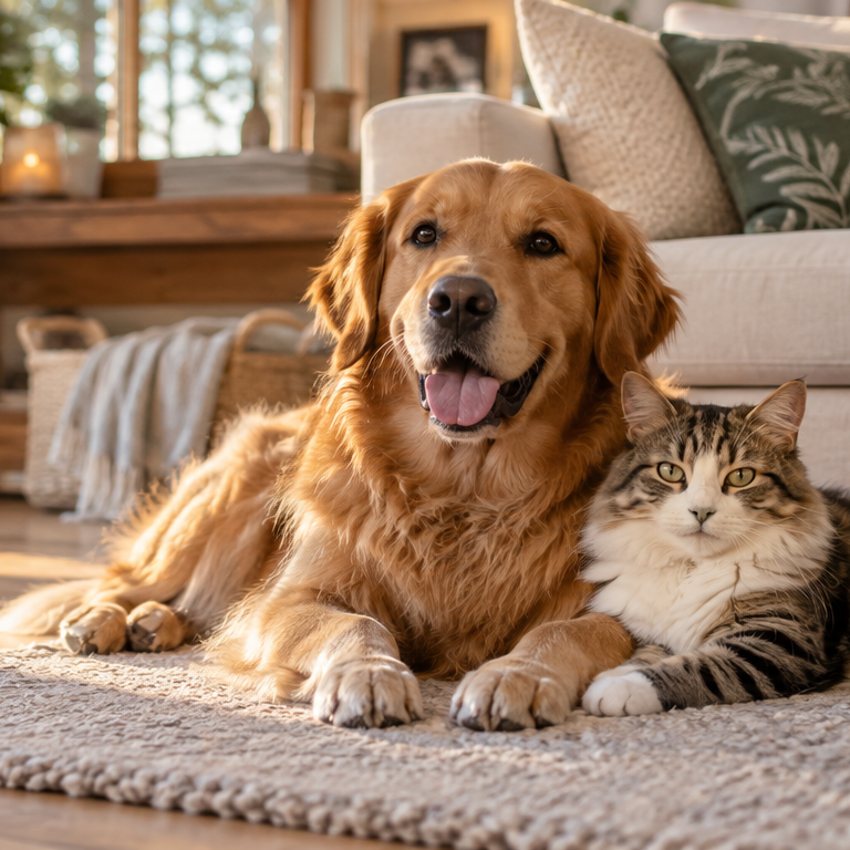 Golden retriever and cat resting together at home.