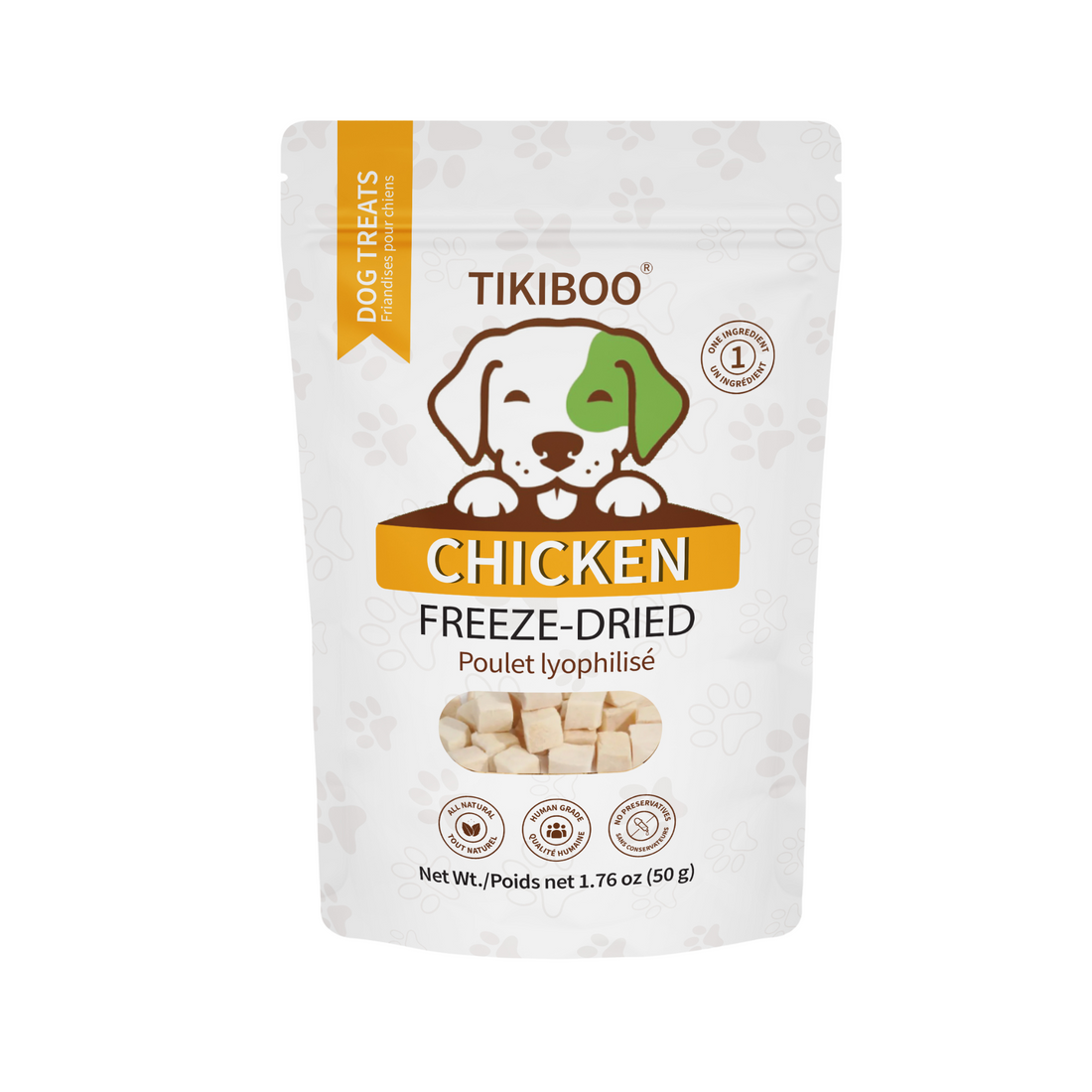 TIKIBOO Chicken Dog Treats Freezed-Dried Dog High-Protein All Natural - Front Side 50 grams