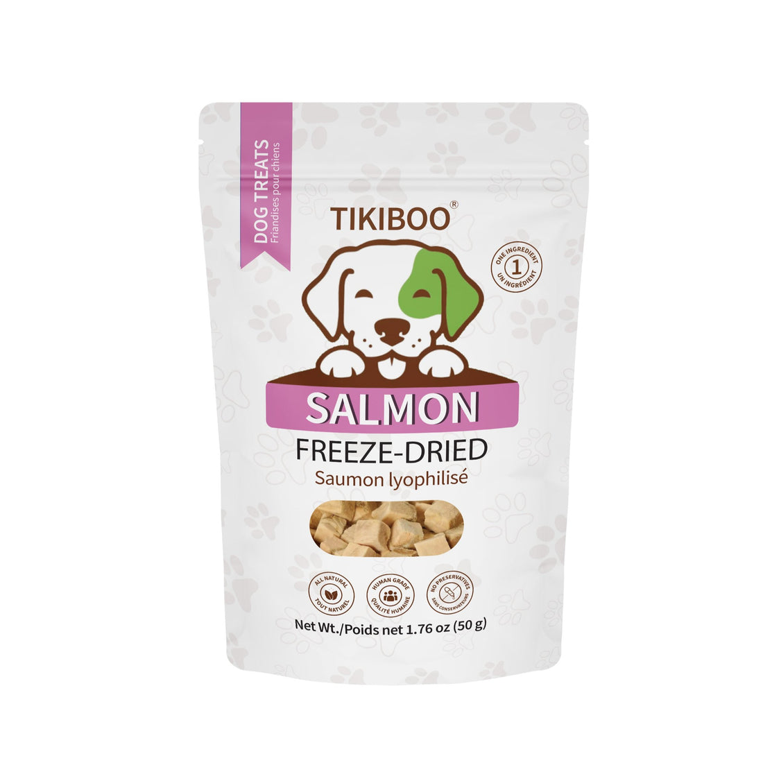 TIKIBOO Salmon Freezed-Dried Dog Treats All Natural Raw Ingredients - 50 grams - Front Side